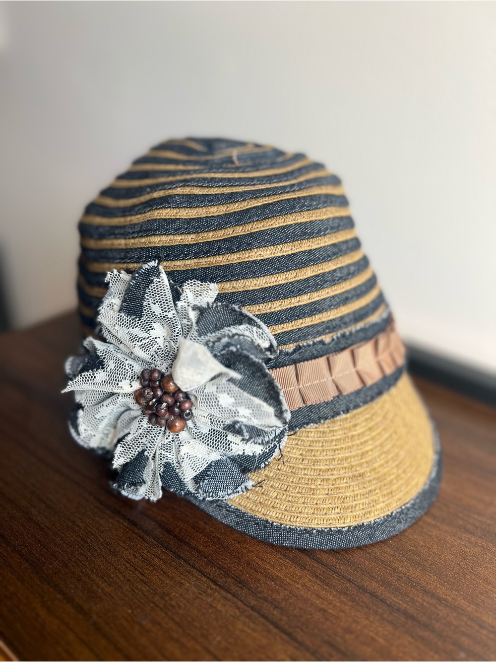 Denim & Straw-Look Floral Military Cadet Cap Hat